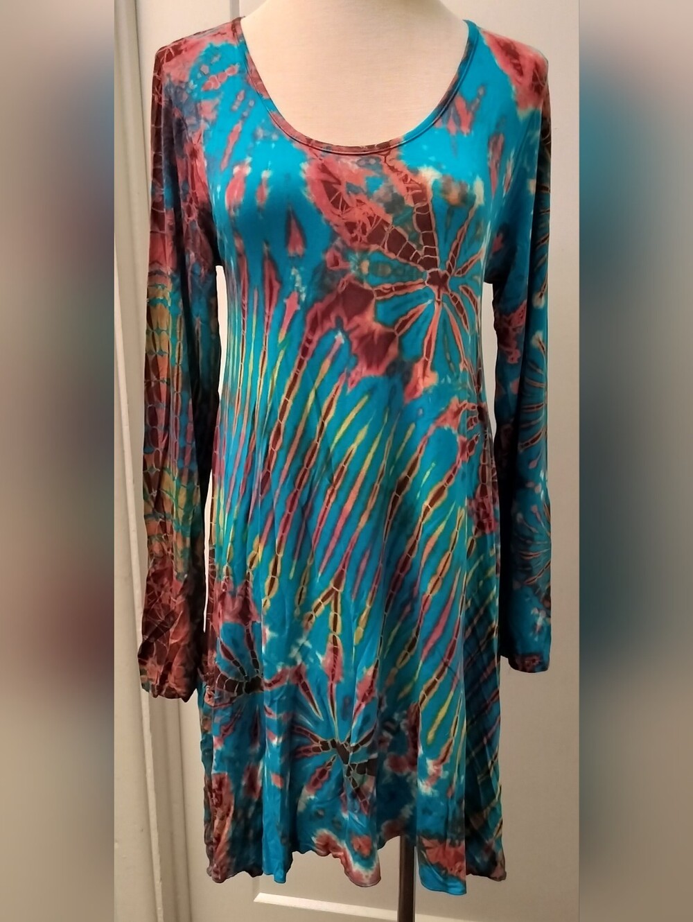 Tie Dye Long Sleeve Dress in Blue & Pink
